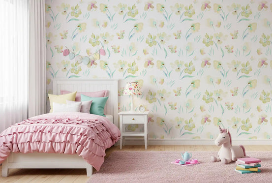 Watercolour floral wallpaper in a girl's bedroom with a pink bed and unicorn GD12671