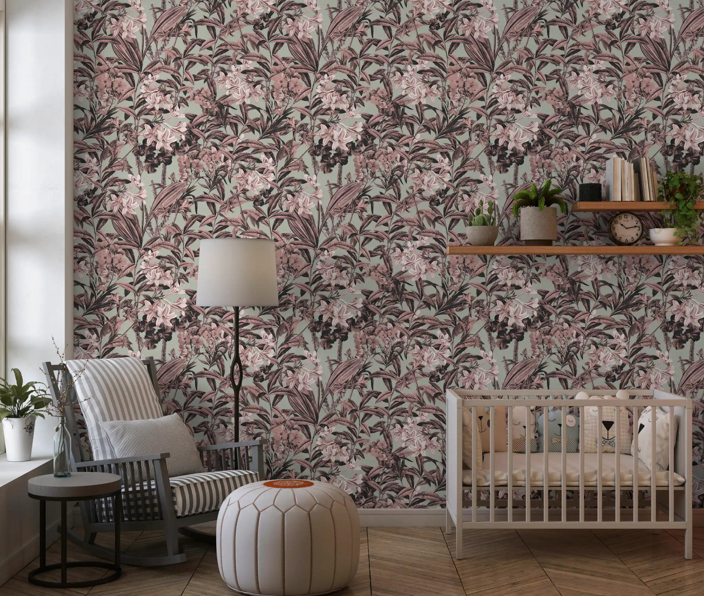 Muted Sage and Rose Garden Motif Wallpaper⁠
