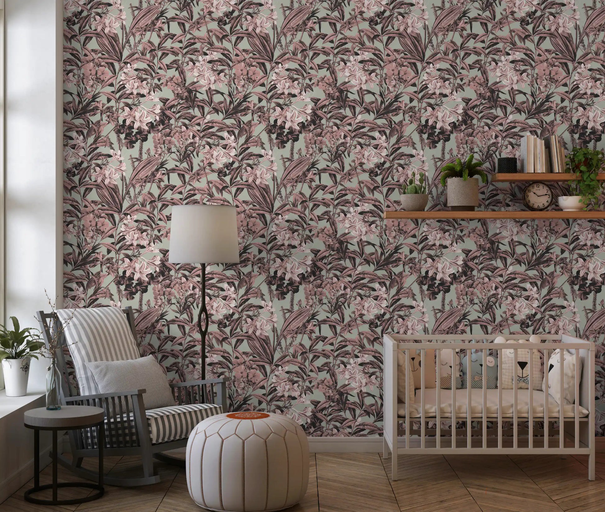 Muted Sage and Rose Garden Motif Wallpaper⁠