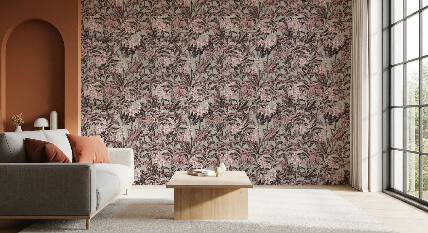 Muted Sage and Rose Garden Motif Wallpaper⁠