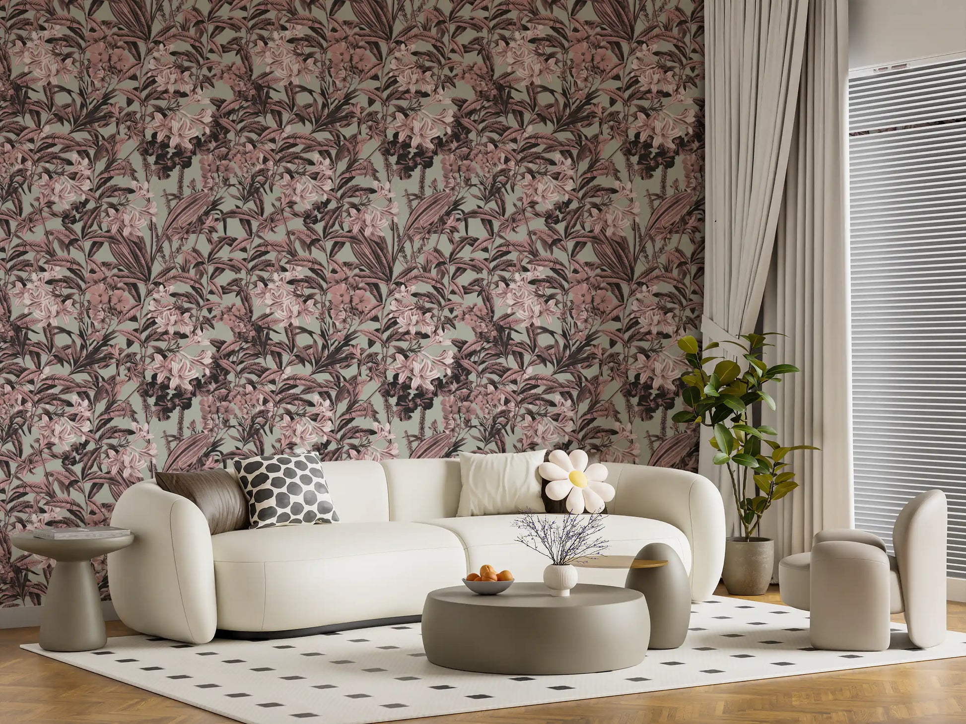 Muted Sage and Rose Garden Motif Wallpaper⁠