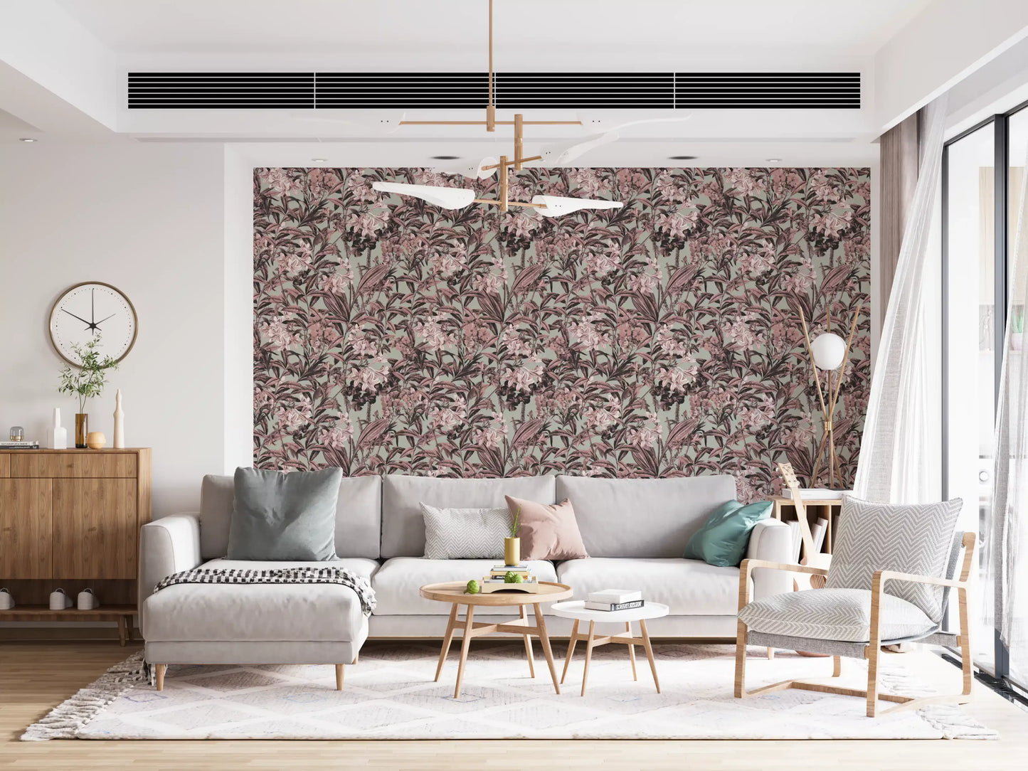 Muted Sage and Rose Garden Motif Wallpaper⁠