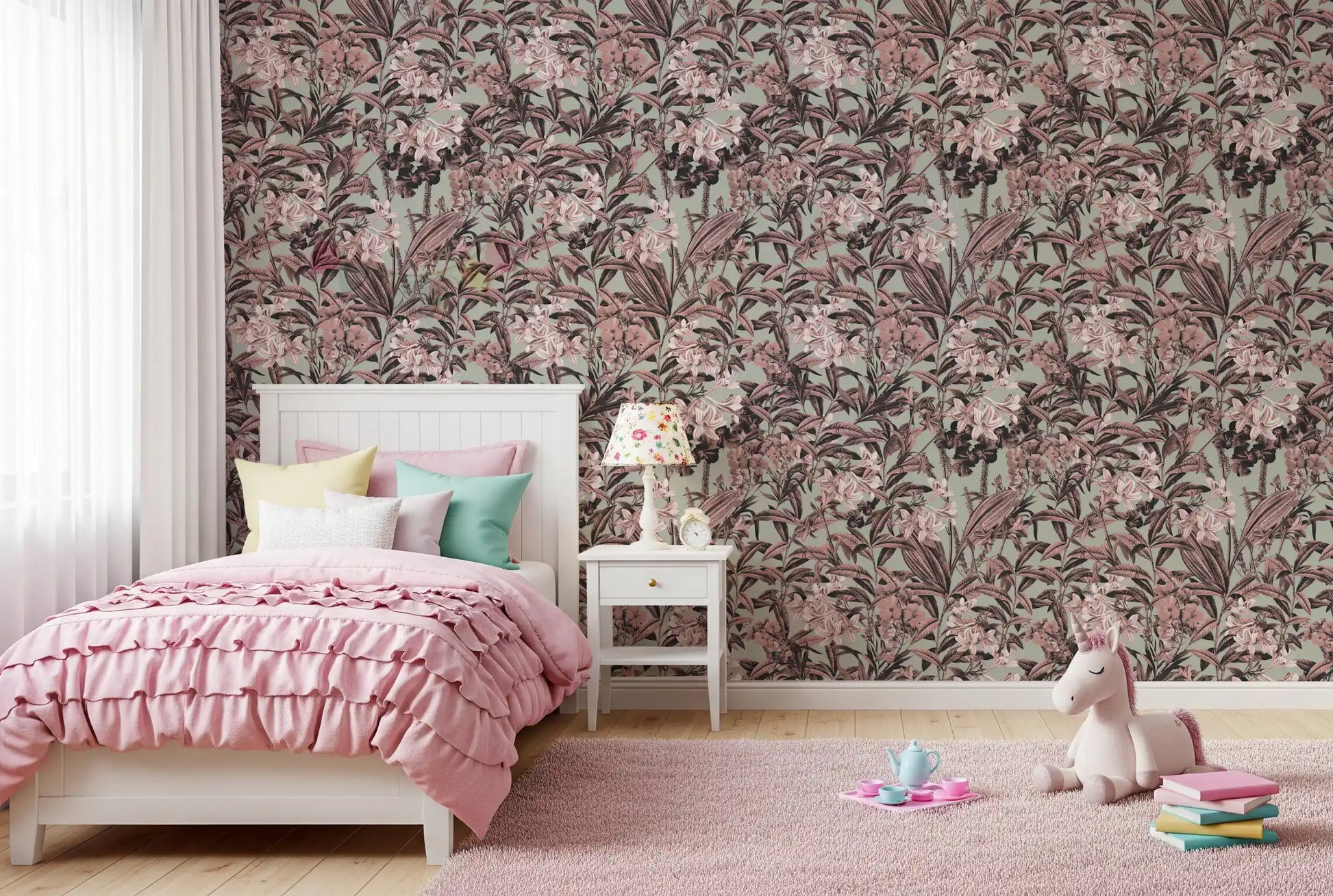 Muted Sage and Rose Garden Motif Wallpaper⁠