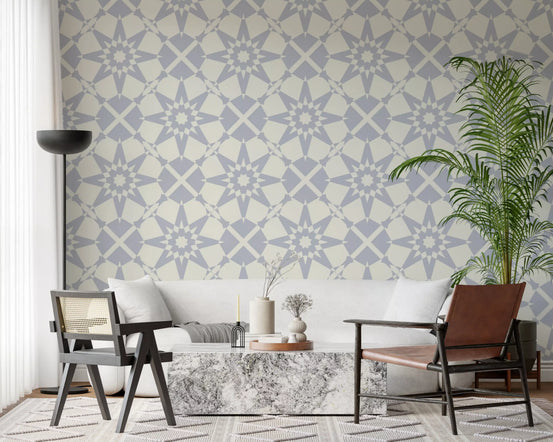Starburst geometric wallpaper in a living room with a white sofa and plant GD12674