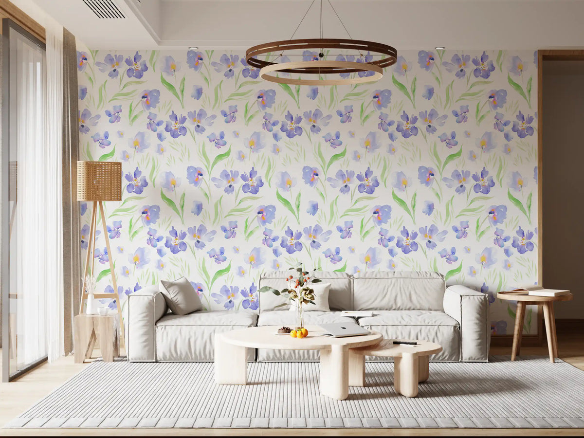 Lavender floral wallpaper in a bright living room with a white sofa GD12675