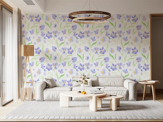 Lavender floral wallpaper in a bright living room with a white sofa GD12675