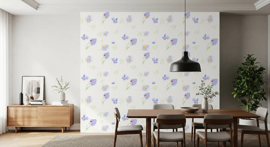 Blue petals floral wallpaper in a dining room with a wooden table GD12677