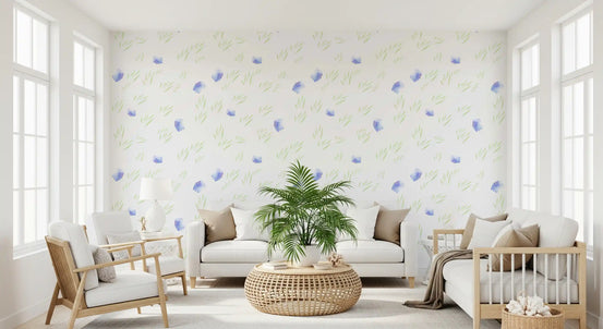 Blue petals floral wallpaper in a bright living room with a white sofa GD12678