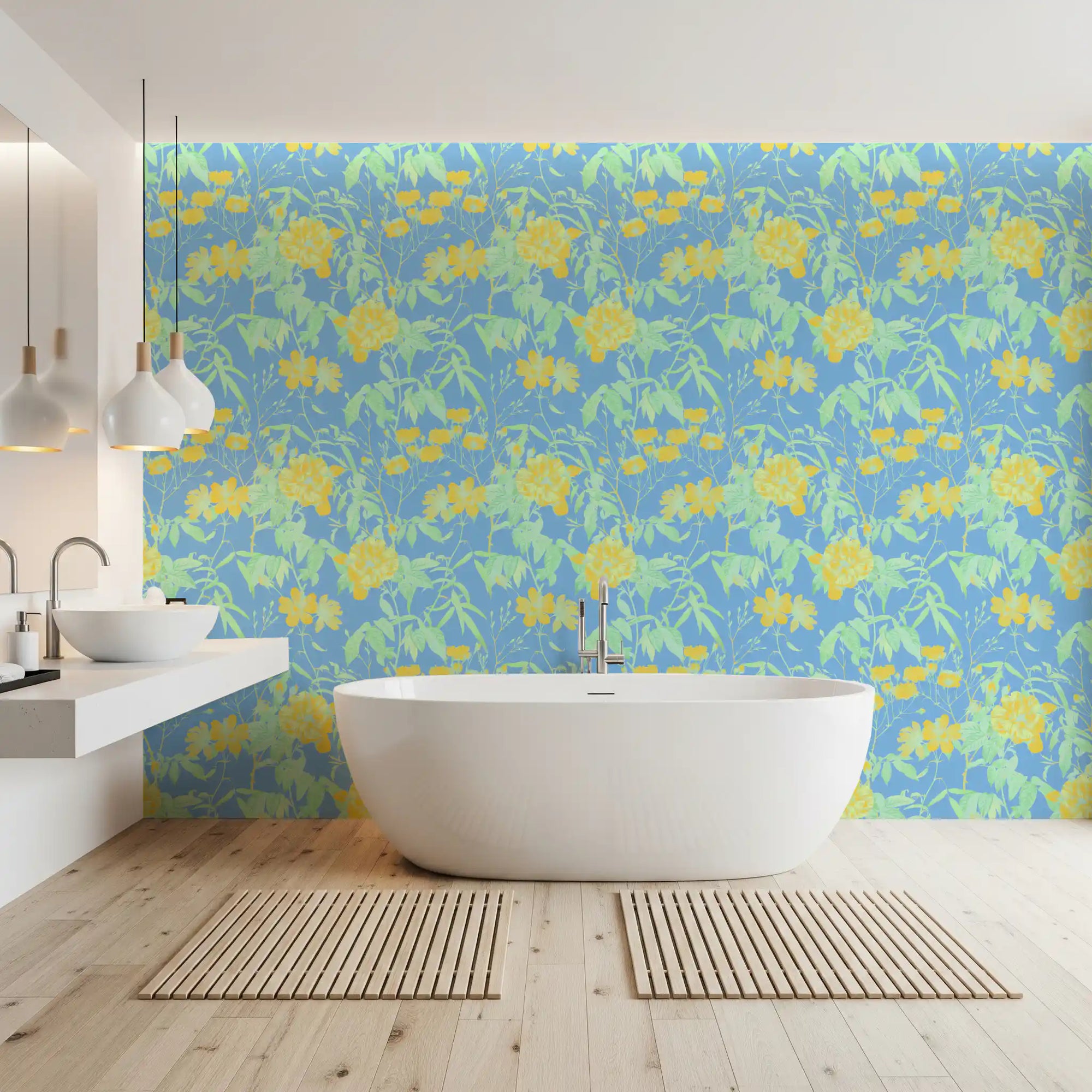 Yellow and blue floral wallpaper in a bathroom with a freestanding tub GD12680