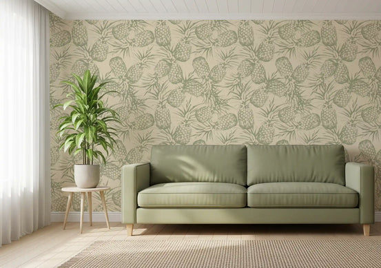 Pineapple botanical wallpaper in a bright living room with a green sofa GD12682