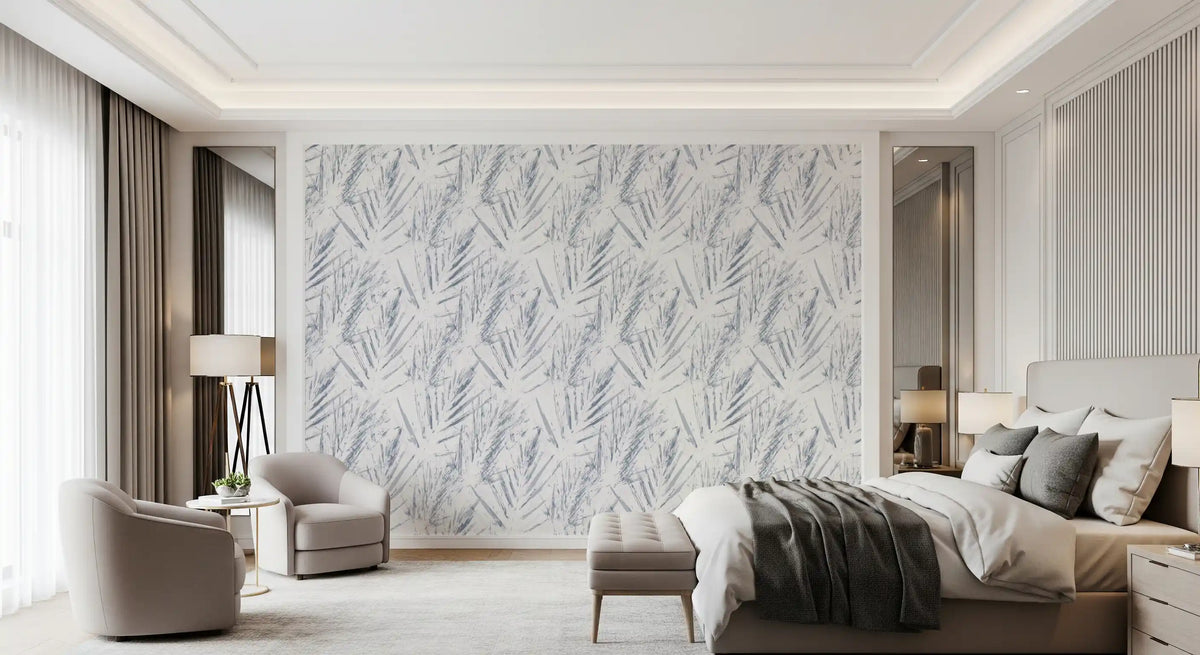 Monochrome palm leaf wallpaper in a soft neutral bedroom GD12683