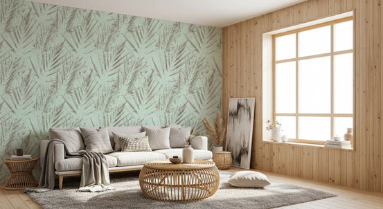 Mint palm frond wallpaper in a warm wooden living room GD12686
