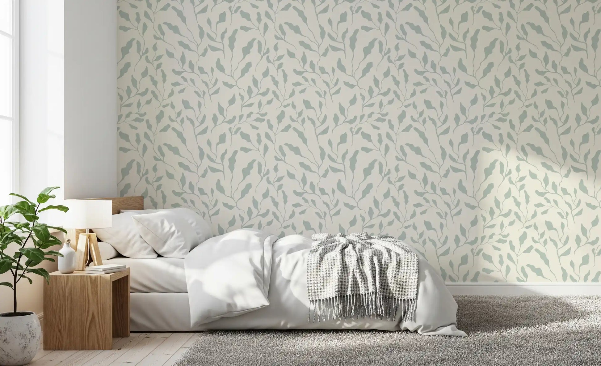 Cream and Sage Leaf Repeat Wallpaper⁠