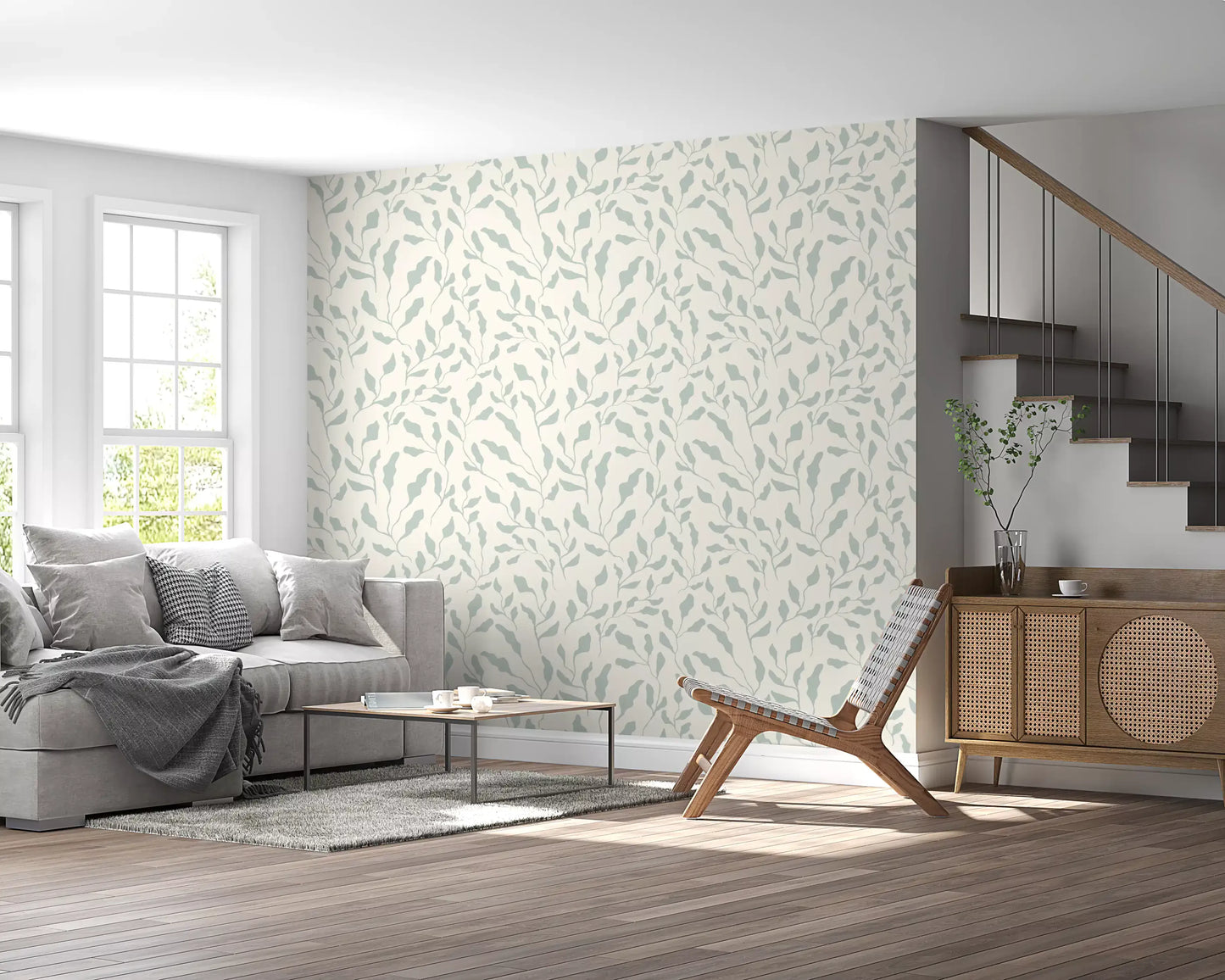 Cream and Sage Leaf Repeat Wallpaper⁠