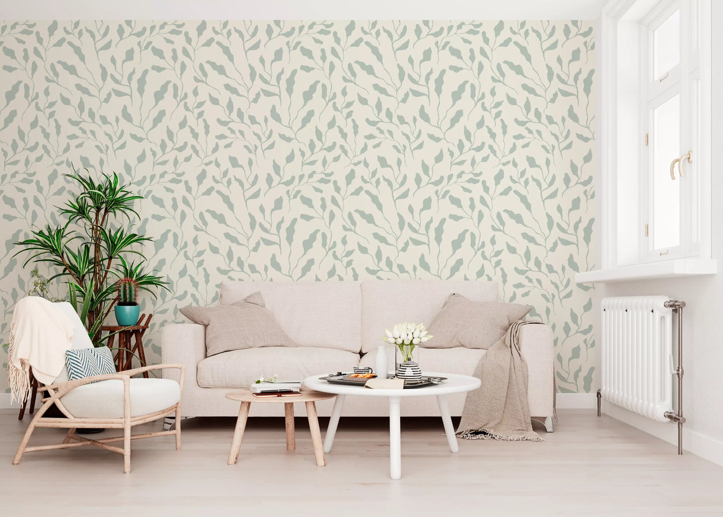 Cream and Sage Leaf Repeat Wallpaper⁠