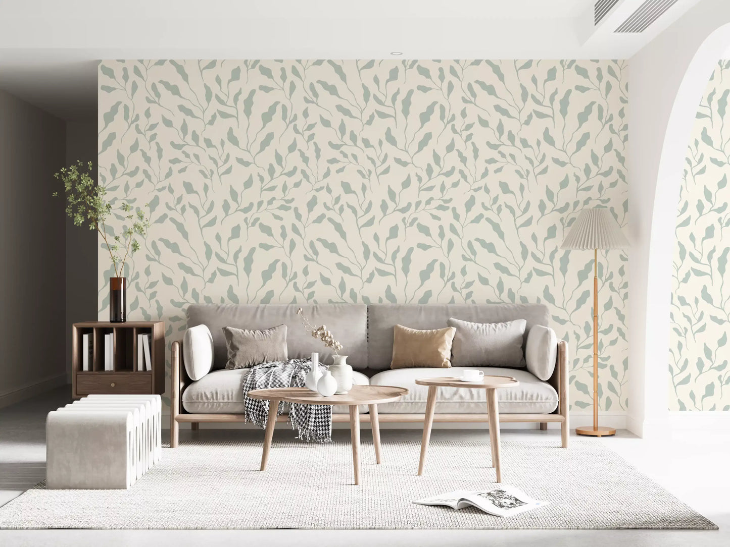 Cream and Sage Leaf Repeat Wallpaper⁠