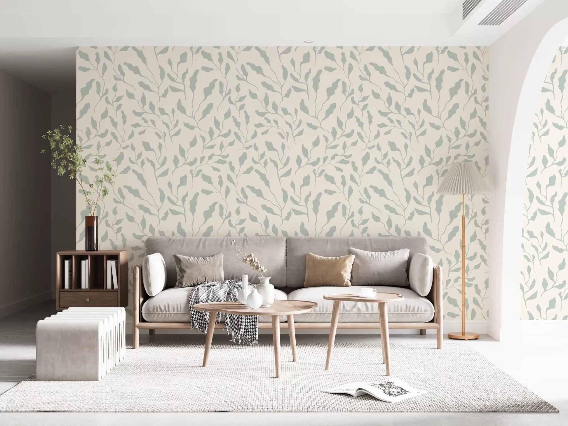 Cream and Sage Leaf Repeat Wallpaper⁠