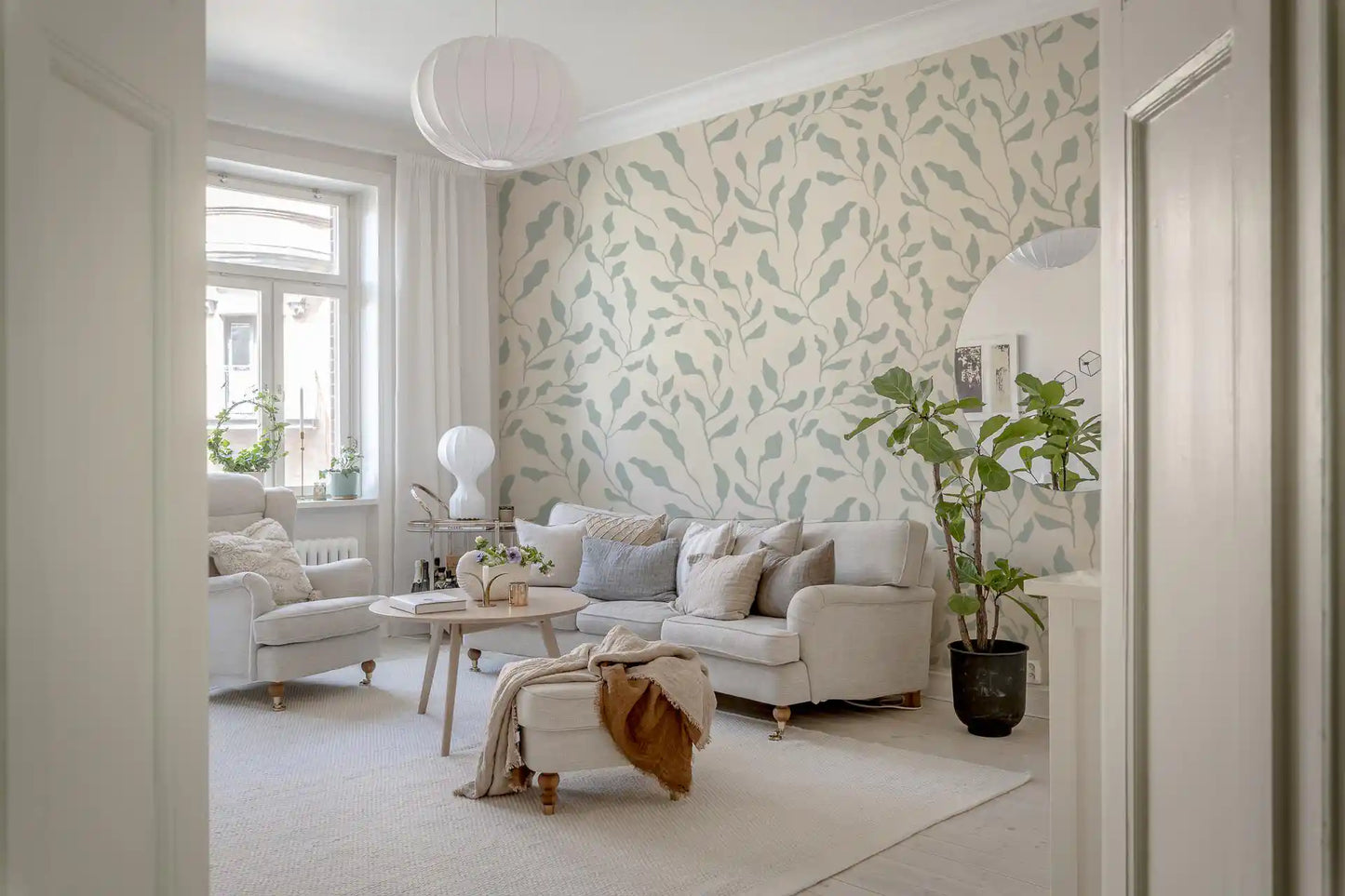 Cream and Sage Leaf Repeat Wallpaper⁠
