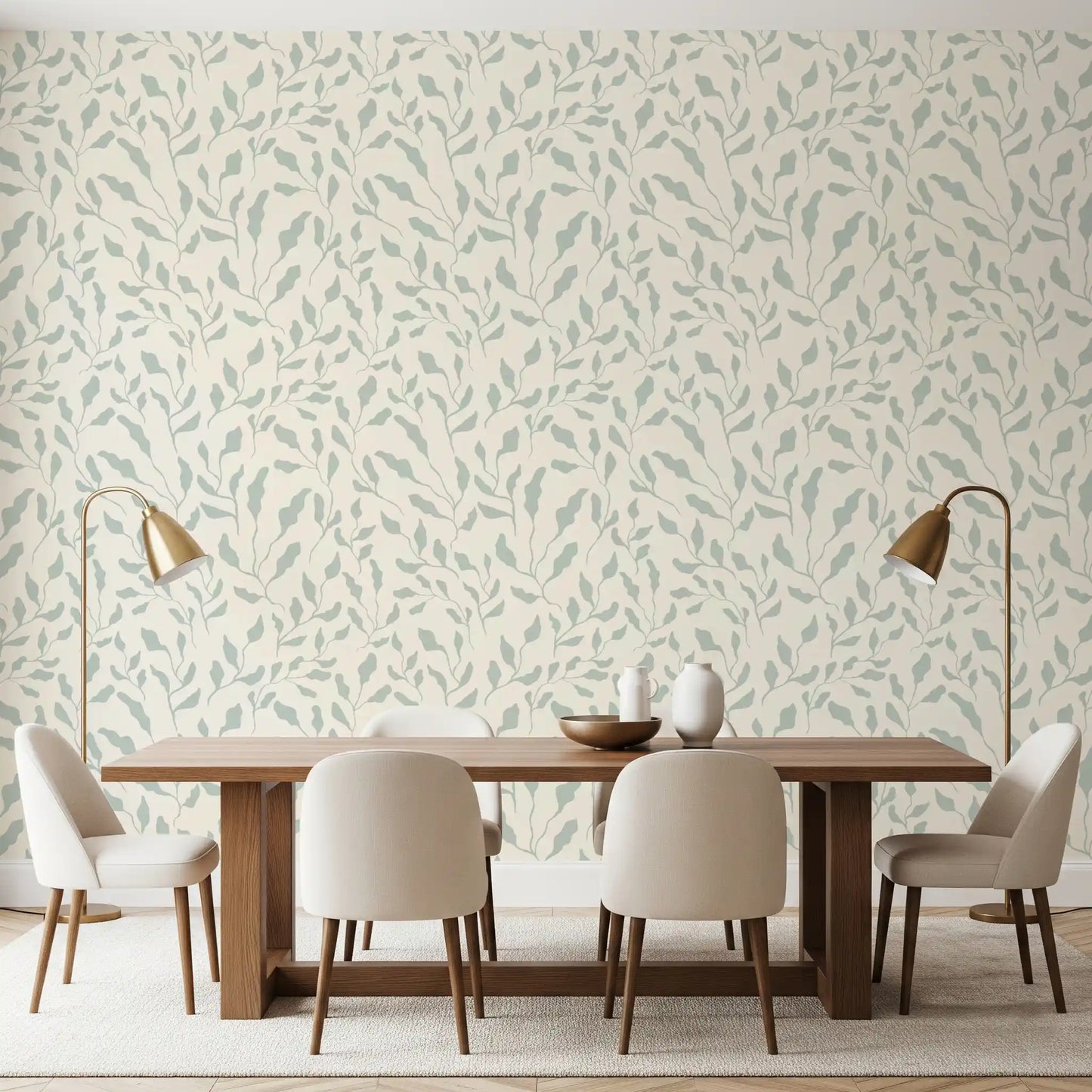 Cream and Sage Leaf Repeat Wallpaper⁠