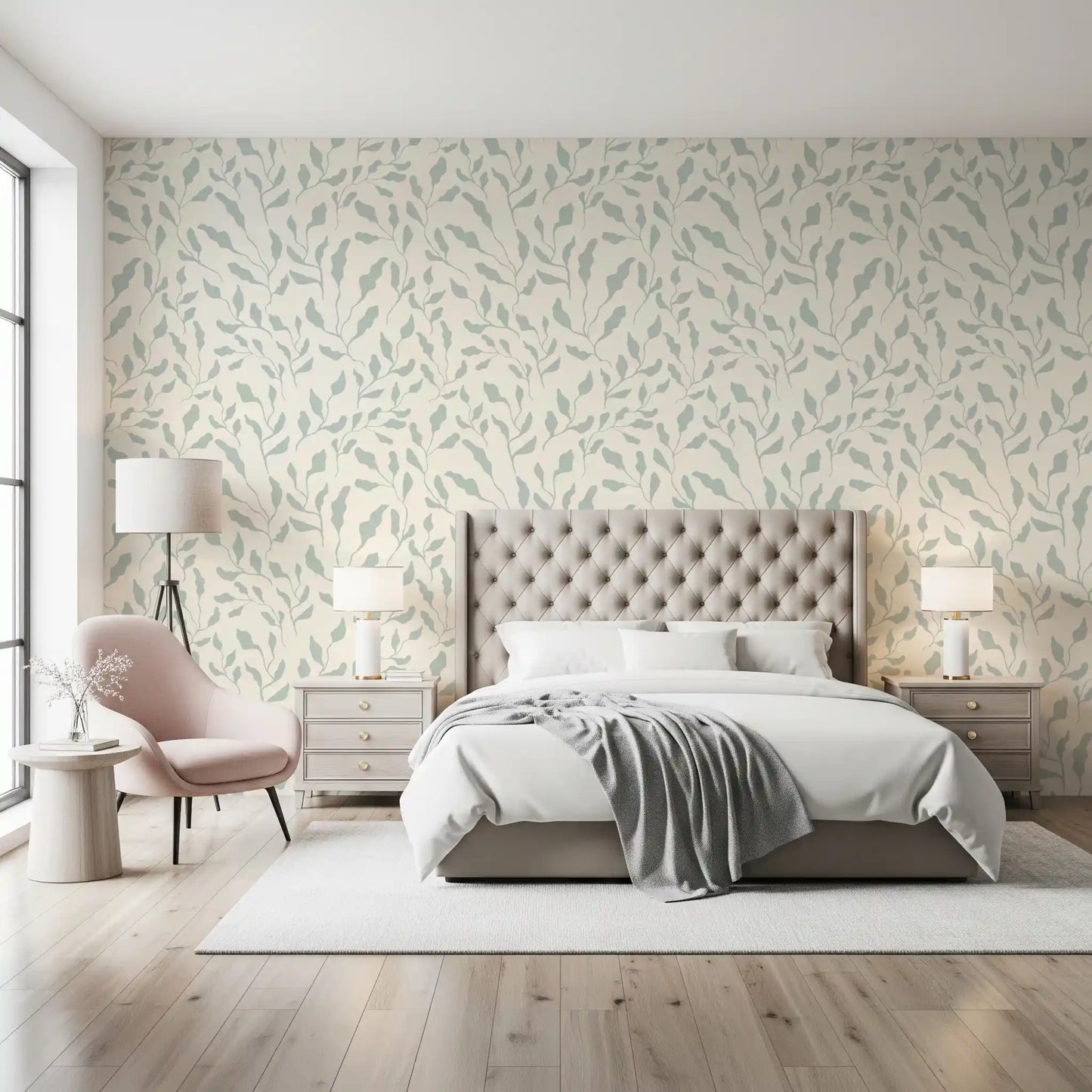 Cream and Sage Leaf Repeat Wallpaper⁠