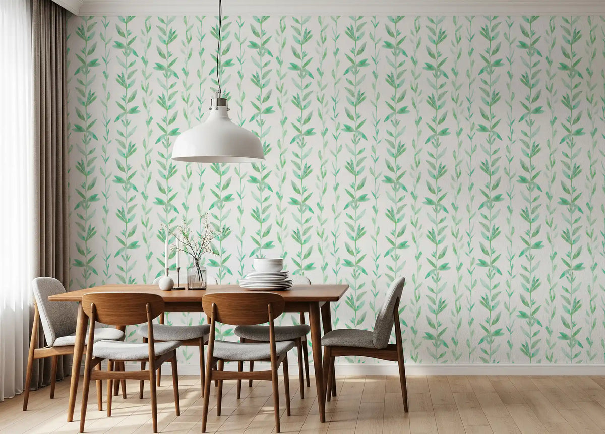 Green fern vine wallpaper behind a wooden dining table GD12688