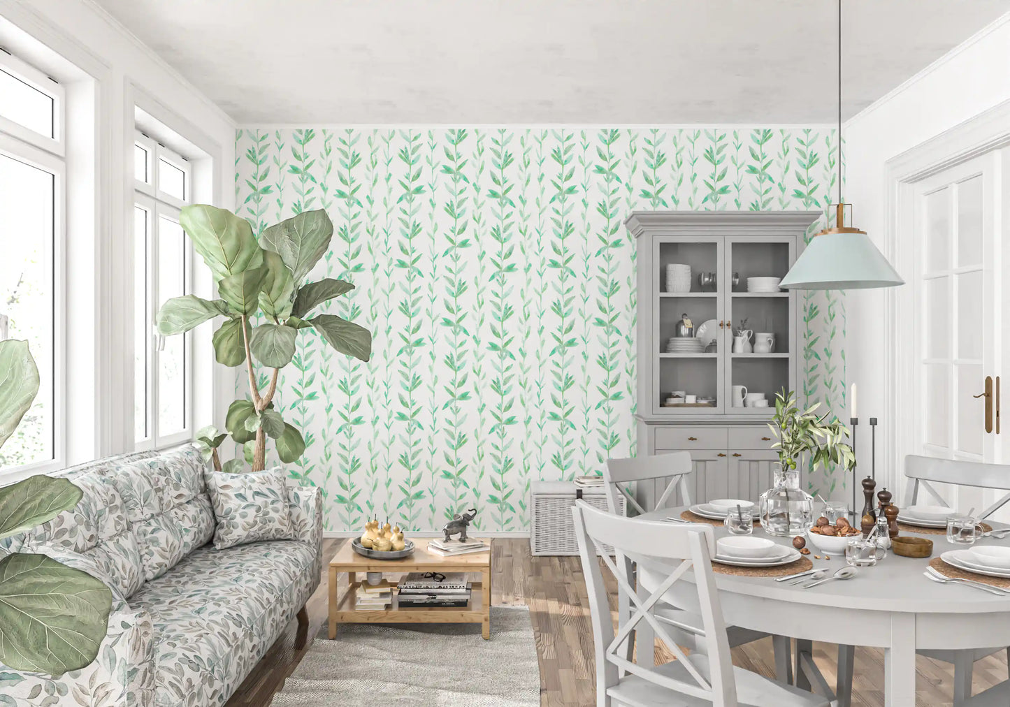 Watercolor Vertical Fern Vine Trail Wallpaper⁠