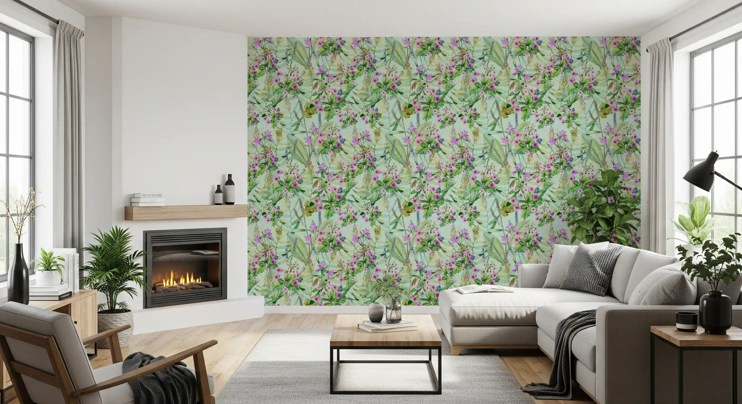 Soft Lilac and Leaf Garden Pattern Wallpaper⁠