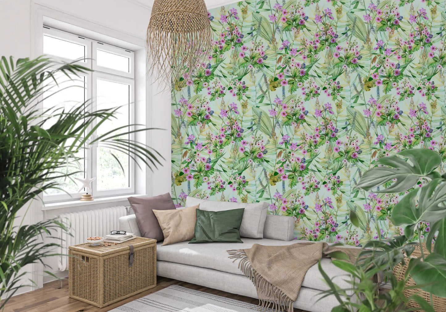 Soft Lilac and Leaf Garden Pattern Wallpaper⁠