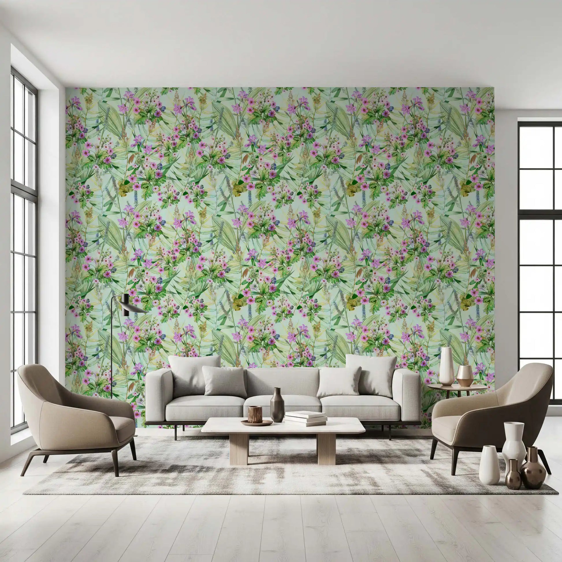 Soft Lilac and Leaf Garden Pattern Wallpaper⁠