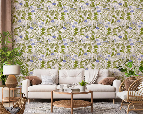Blue and green meadow floral wallpaper in a cosy living room with a cream sofa GD12694