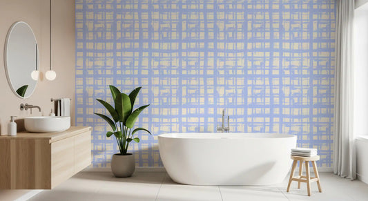 Abstract Cream and Blue Plaid Wallpaper⁠