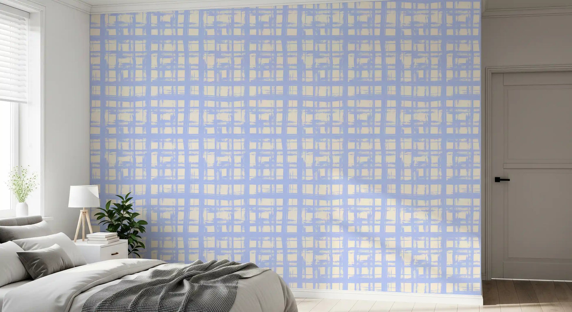 Abstract Cream and Blue Plaid Wallpaper⁠