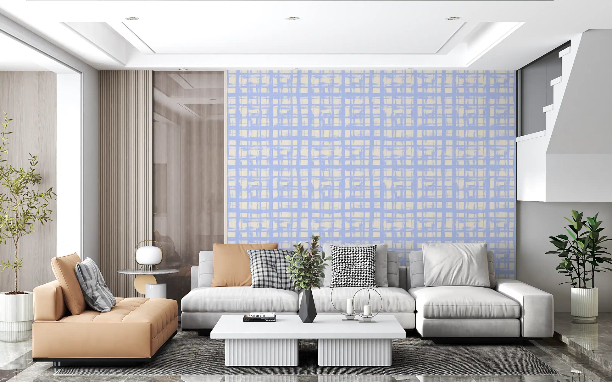 Abstract Cream and Blue Plaid Wallpaper⁠