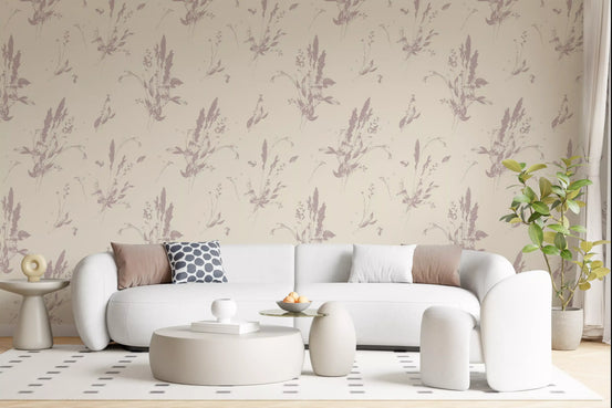 Blush meadow botanical wallpaper in a living room with a curved white sofa GD12696