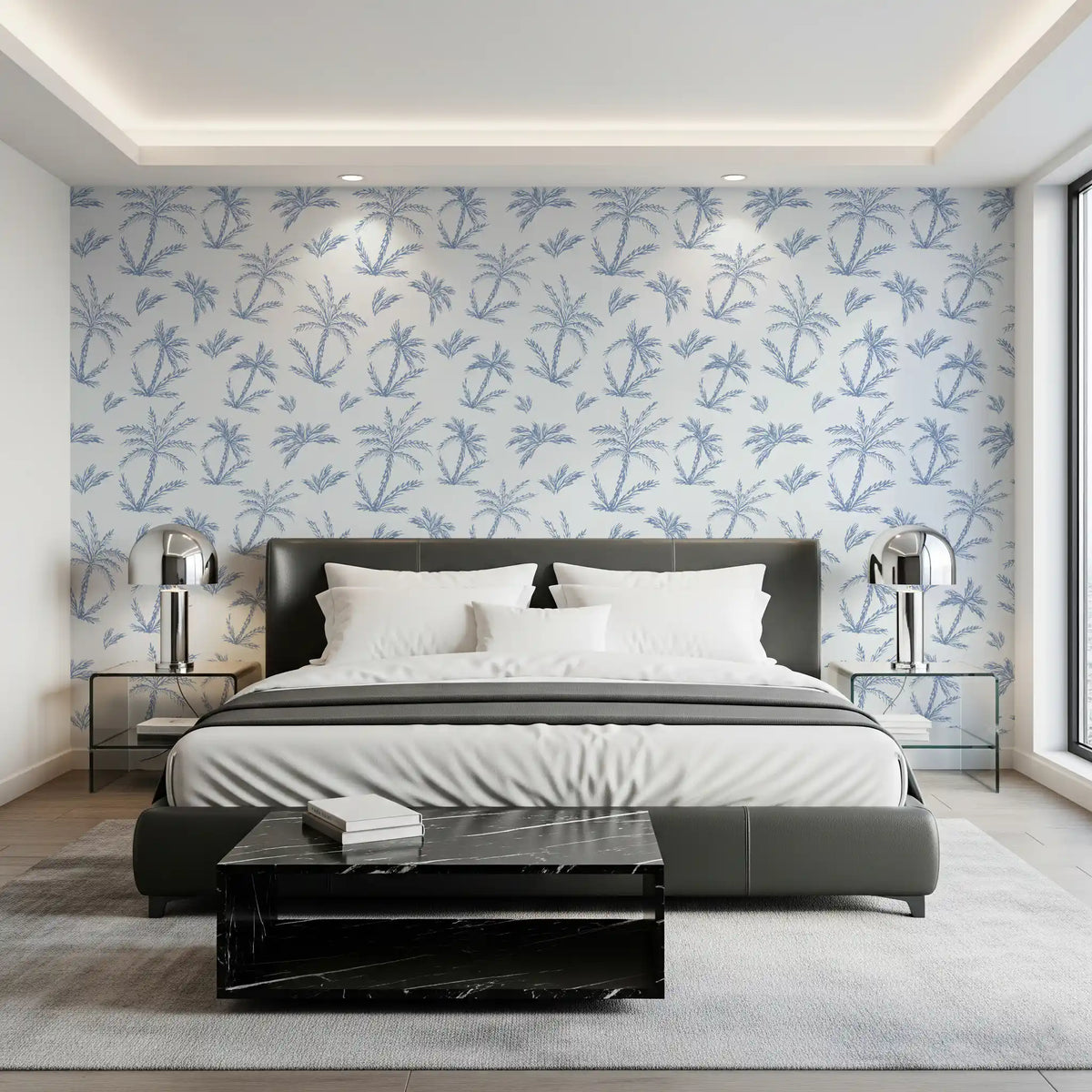 Blue palm tree wallpaper on a bedroom feature wall behind a dark bed GD12700