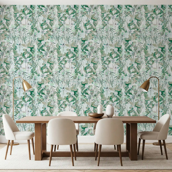 Green and white magnolia wallpaper in a dining room with a wooden table GD12701