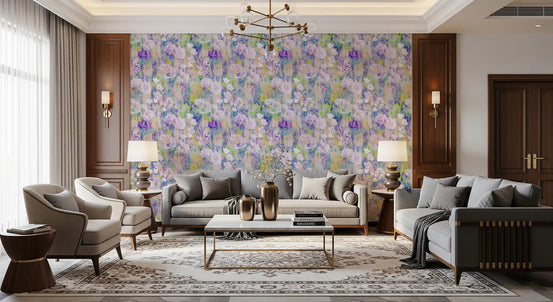 Purple peony abstract wallpaper on a living room feature wall GD12702