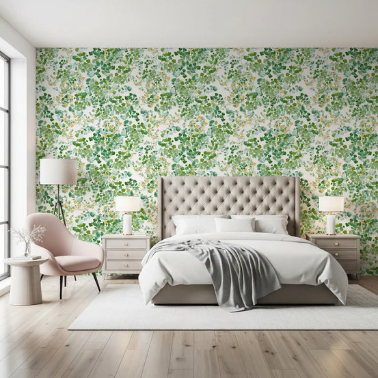 Green leaf and berry wallpaper in a soft cosy bedroom GD12703