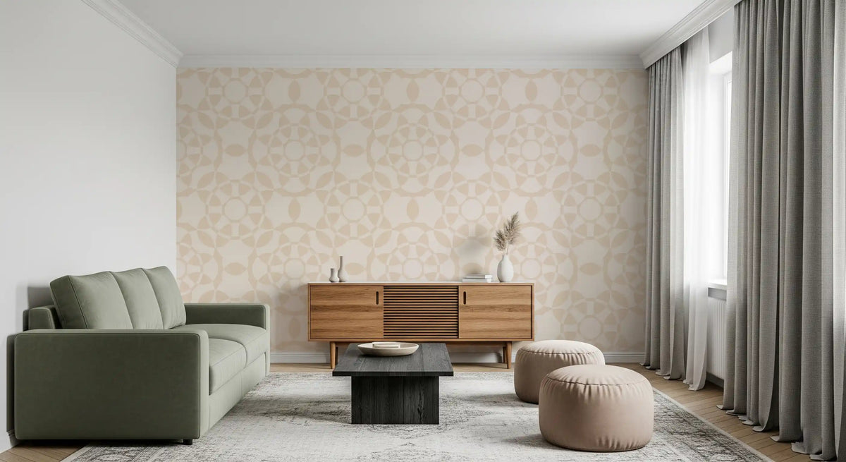 Cream arc wallpaper behind a green sofa in a living room GD12706