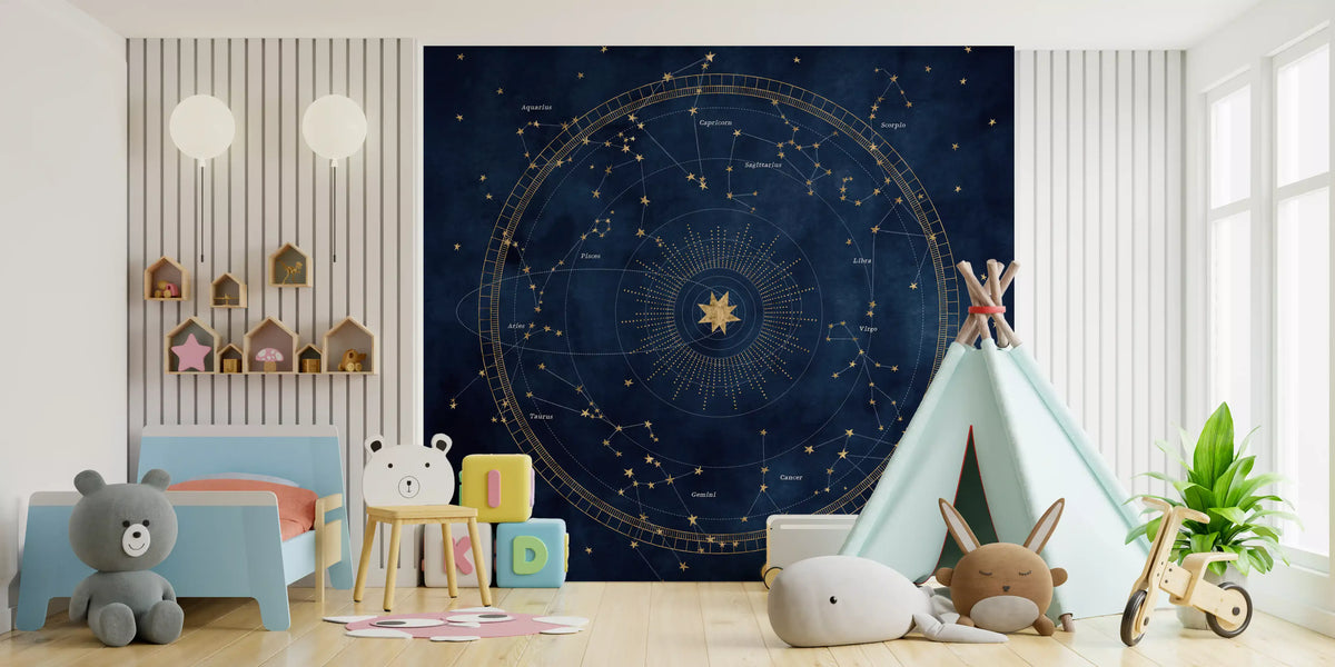 Navy and gold constellation mural in a toddler room with a teepee and toys GD12714