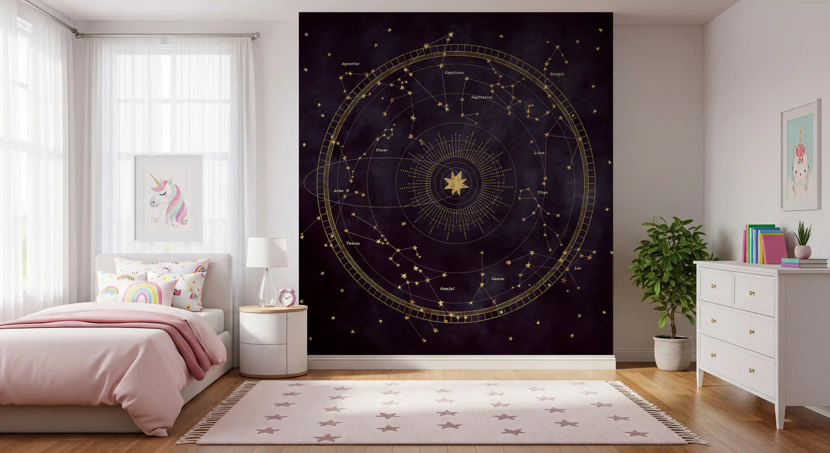 Purple celestial mural in a cosy child's bedroom GD12716