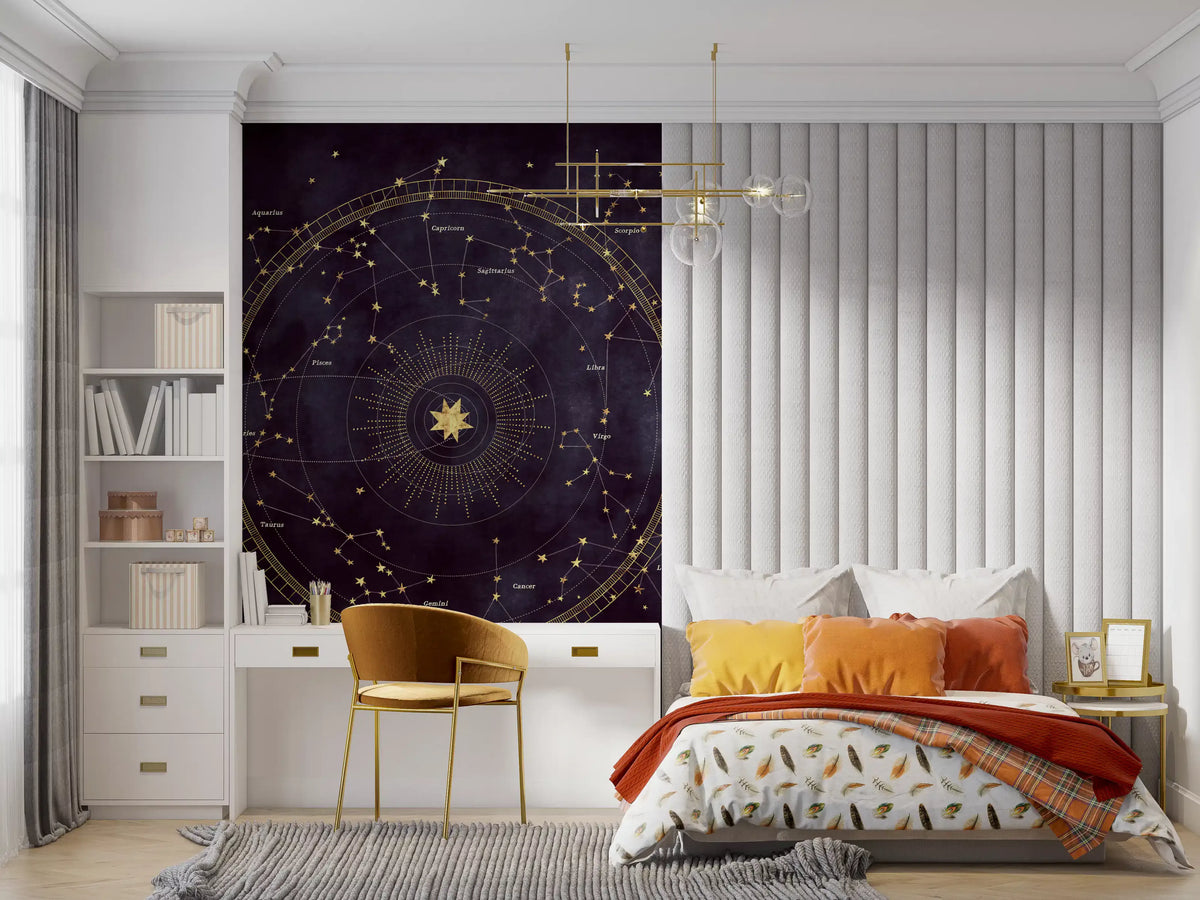 Purple zodiac mural in a teen bedroom with a study desk and orange bed GD12716