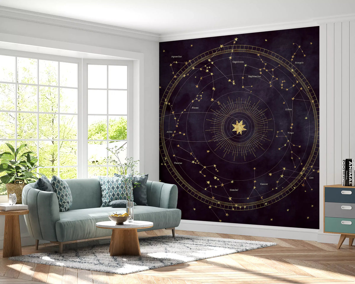 Deep purple star map mural in a living room with a green sofa by a window GD12716