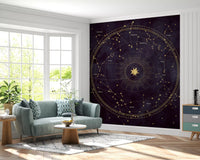 Deep purple star map mural in a living room with a green sofa by a window GD12716