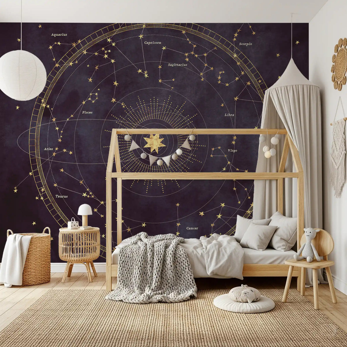 Eggplant zodiac mural on a feature wall in a softly styled room GD12716
