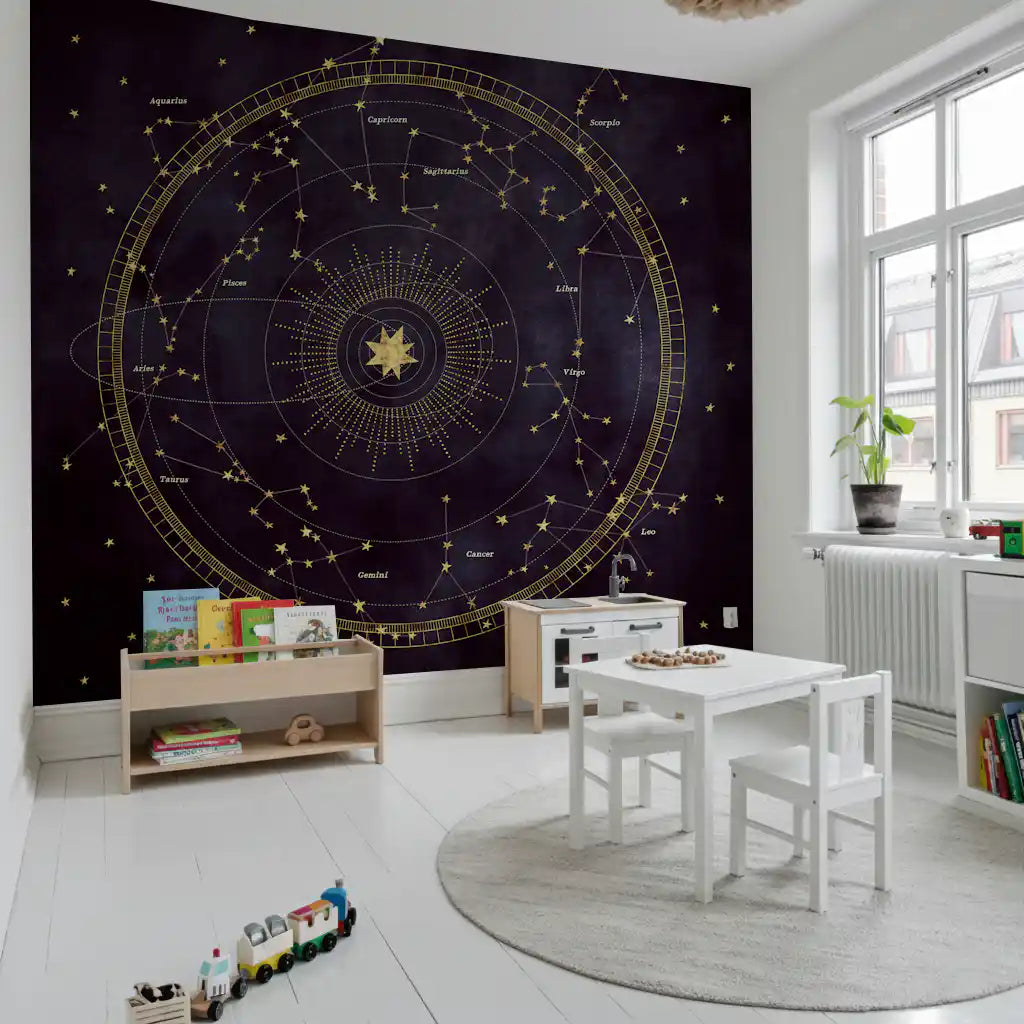 Eggplant celestial mural on a modern living room feature wall GD12716