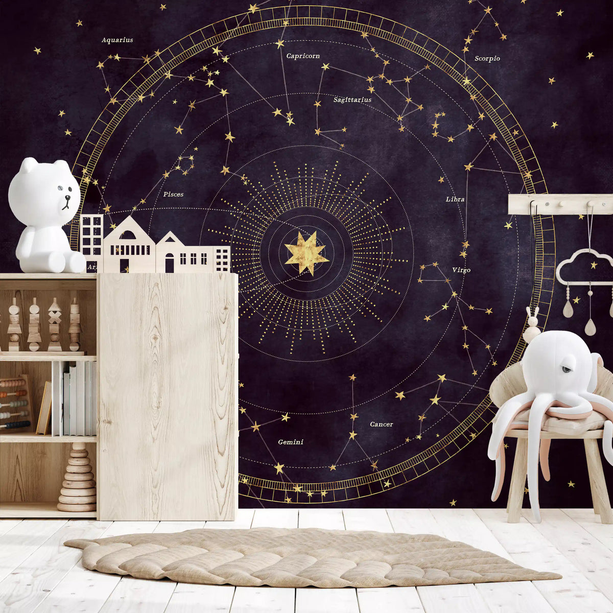 Eggplant star map mural in a warm, cosy room setting GD12716