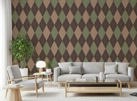 Brown and green argyle wallpaper in a bright living room with neutral sofas GD12717