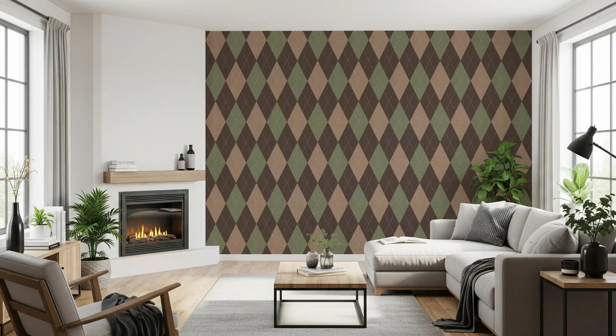 Muted diamond wallpaper in a living room with a fireplace GD12717