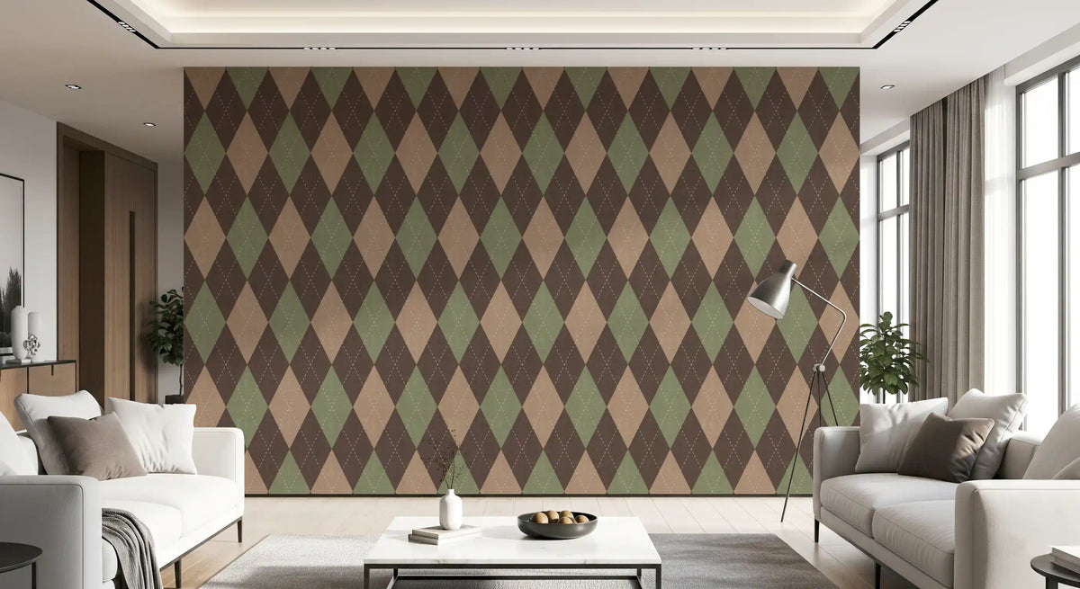 Brown, tan and green argyle wallpaper on a spacious living room feature wall GD12717